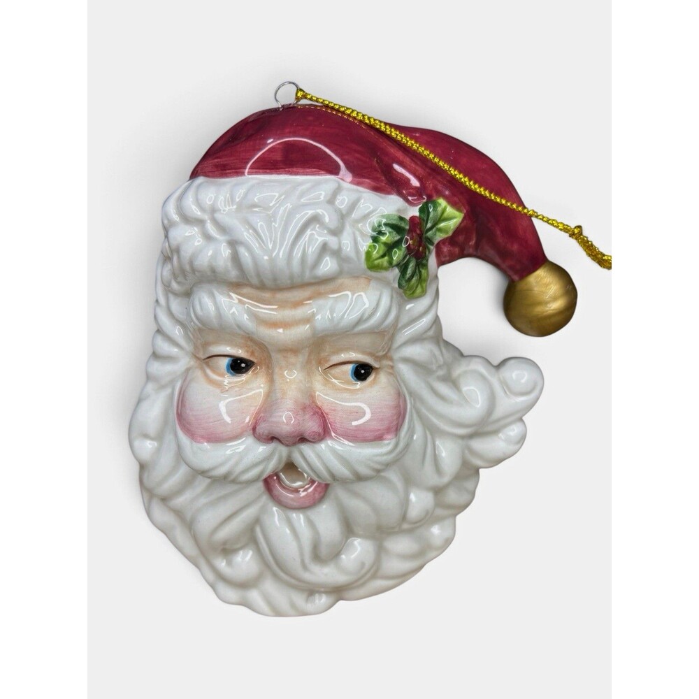 Vintage Fitz and Floyd Ceramic Santa Claus Face Hanging Bell Ornament, Holly Hat